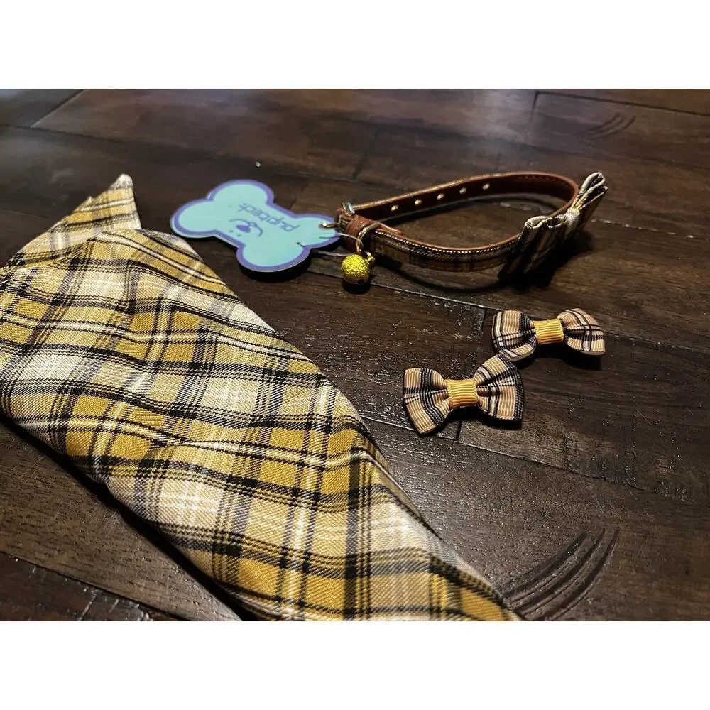 NEW Puptek Dog Collar with Bow Tie & Triangular Plaid Scarf and Two Ear Bows